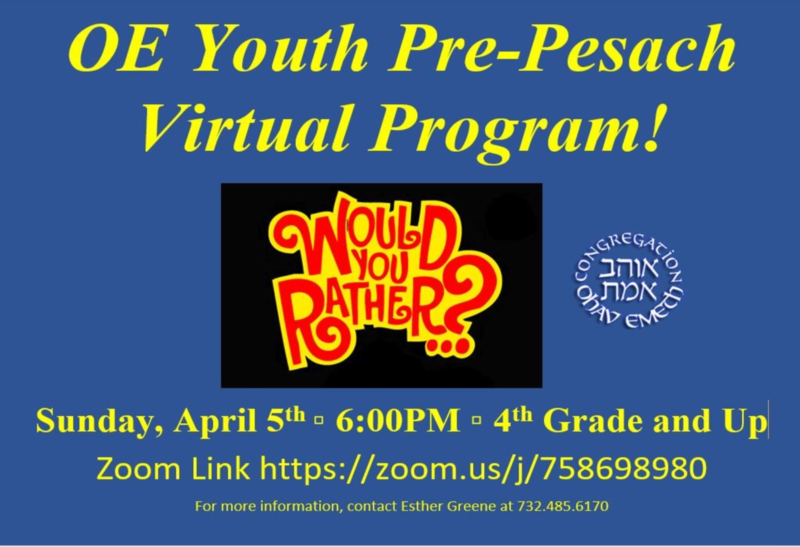 Banner Image for OE Youth Pre-Pesach Virtual Program!