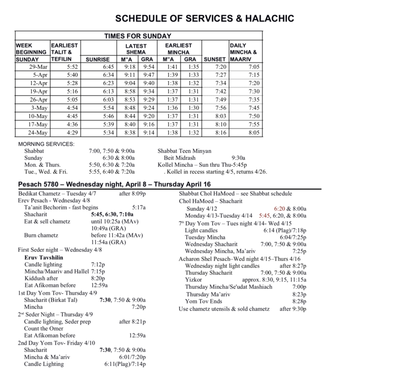 Pesach Schedule of Services & Halachic Times